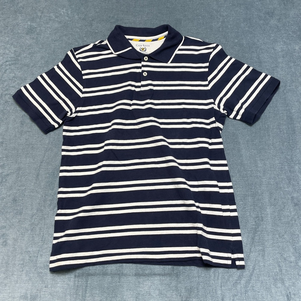 Club Room Polo Shirt Mens Medium Navy White Striped Collared Golf Performance
